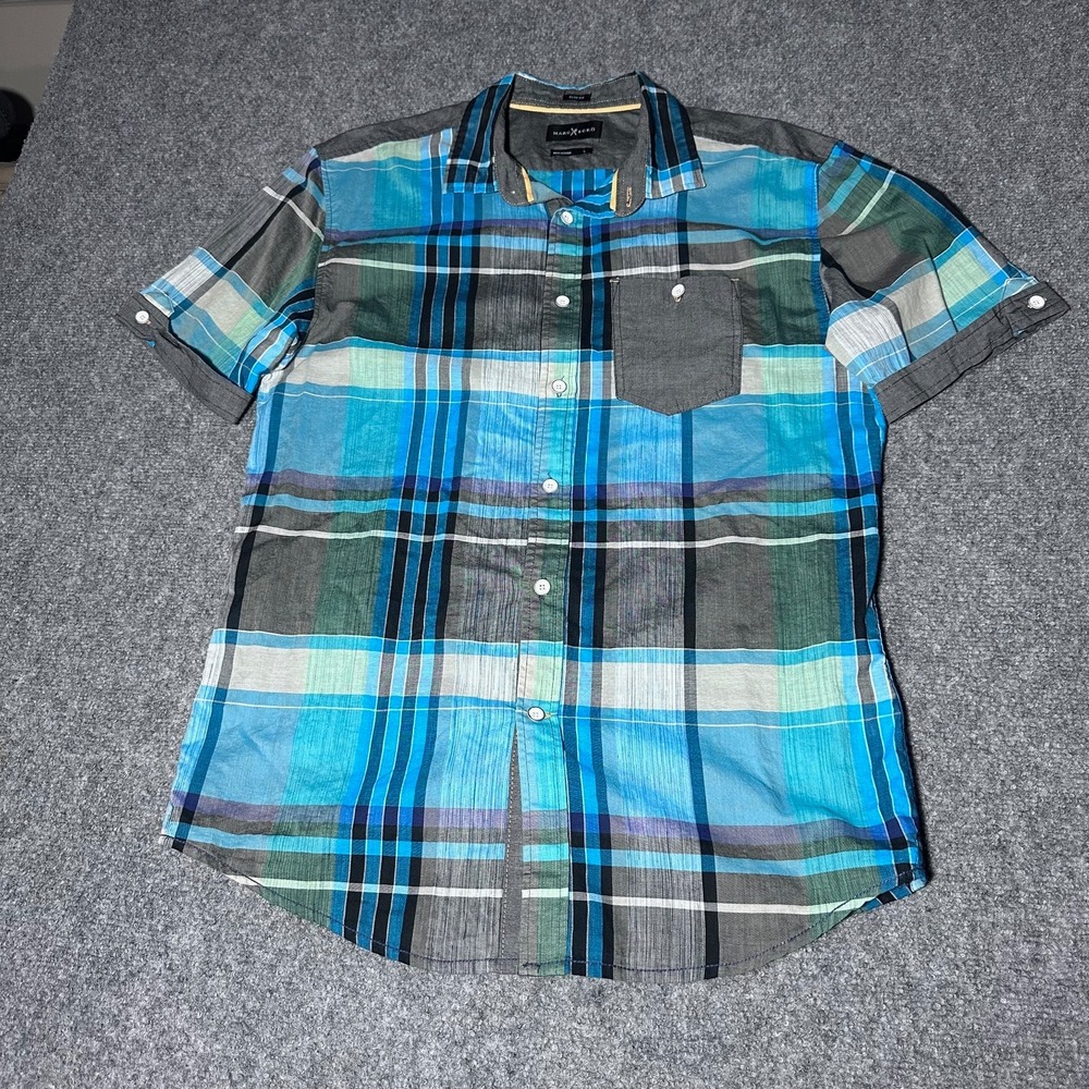 Marc Ecko Slim Fit Plaid Short Sleeve‎ Button Up Shirt Men's Size L Blue Multi